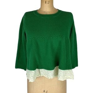 Umgee Green Empire Waist Babydoll Sweater with Eyelet Hem Detail Size S